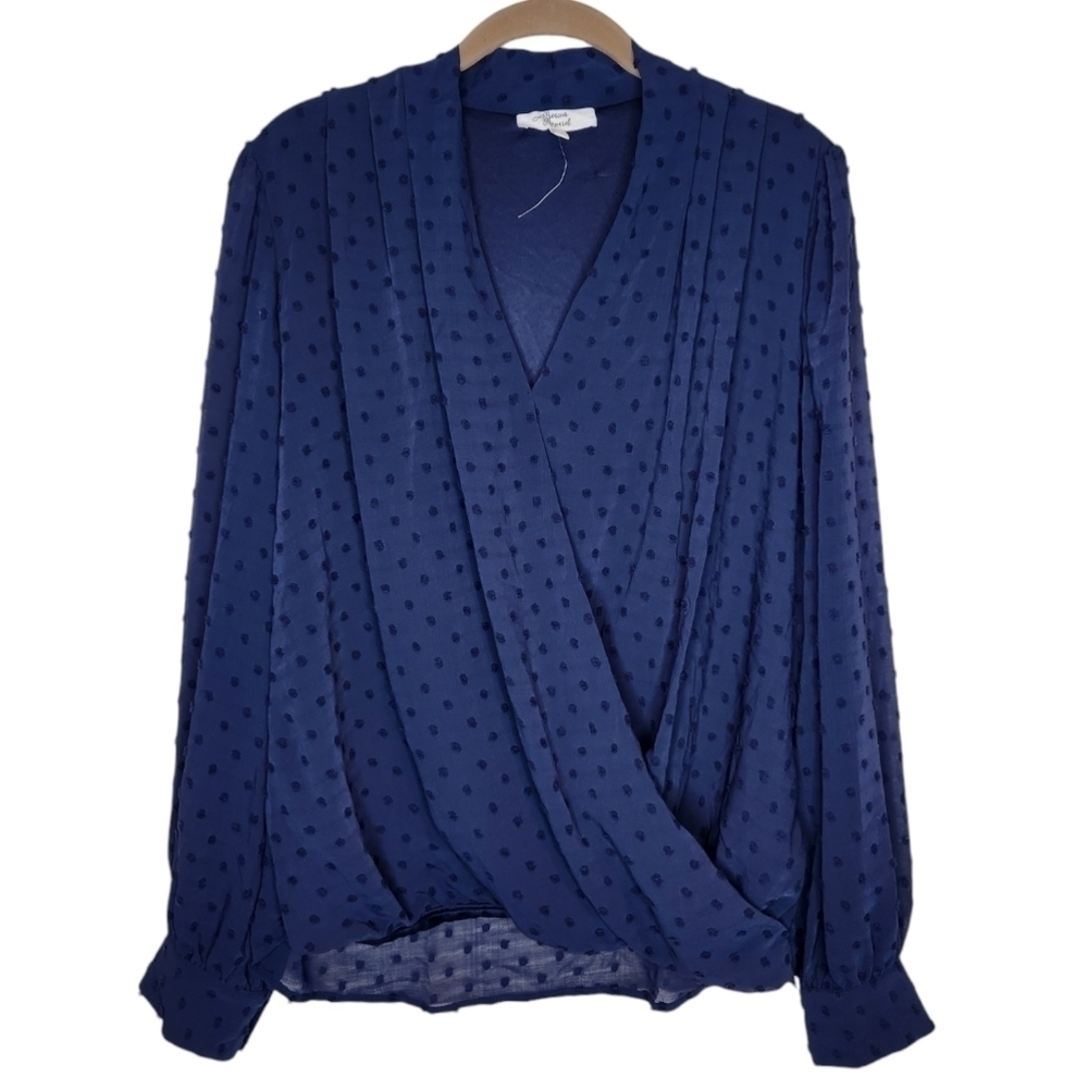 NWOT Beacon Apparel Faux Wrap Swiss Dot Navy Long Sleeve Top Size L